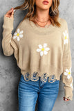 Khaki Daisy Pattern Knit Distressed Sweater