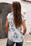 White Floral Scalloped V Neck Short Sleeves Top
