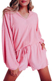 Swiss Dot Split Neck Long Sleeve Top and Shorts Lounge Set