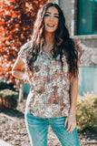 Khaki V-neck Short Sleeve Fashion Print Fantasy Fluttering Blouse