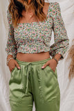 Multicolor Floral Print Smocked Back Square Neck Crop Top