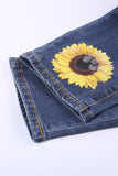Patchwork Sunflower Print Distressed High Waist Jeans