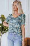 Camouflage Print V Neck Short Sleeve T Shirt