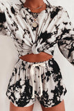 Tie-dye Print Long Sleeve and Drawstring Shorts Set