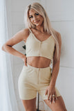 Ribbed Knit Zip-up Crop Top and High Waist Shorts Two Piece Set