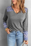 Aztec Patch Button V Neck Blouse