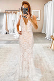 V-neck Backless Lace Wedding Sweeping Floor Evening Dress