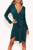 Green Glitter Wrap Over Long Sleeve Sequin Dress