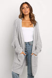 Beige Long Line Open Front Knitted Cardigan with Pockets