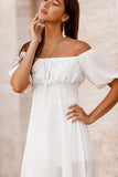 White Bubble Sleeve Bandeau Off Shoulder Hi-lo Dress