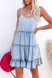 Adjustable Straps Tiered Ruffle Denim Dress