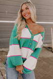 Striped Color Block Knitted Buttoned V Neck Sweater