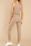 Khaki Sleeveless Buttons Pocket Tie Waist Jumpsuit