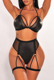 Halter Strappy Faux Leather Mesh Lingerie Set