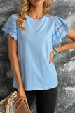 White/Black/Blue/Green Hollow Out Ruffle Sleeve T-shirt