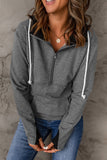 Gray Half Zip Pocketed Thumbhole Sleeve Hoodie
