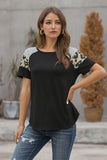 Khaki Striped Leopard Print Short Sleeve Women T-shirt