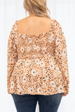 Khaki Square Neck Floral Leopard Smocked Bust Plus Size Blouse