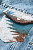 color Aztec Print Frayed Hem Denim Jacket