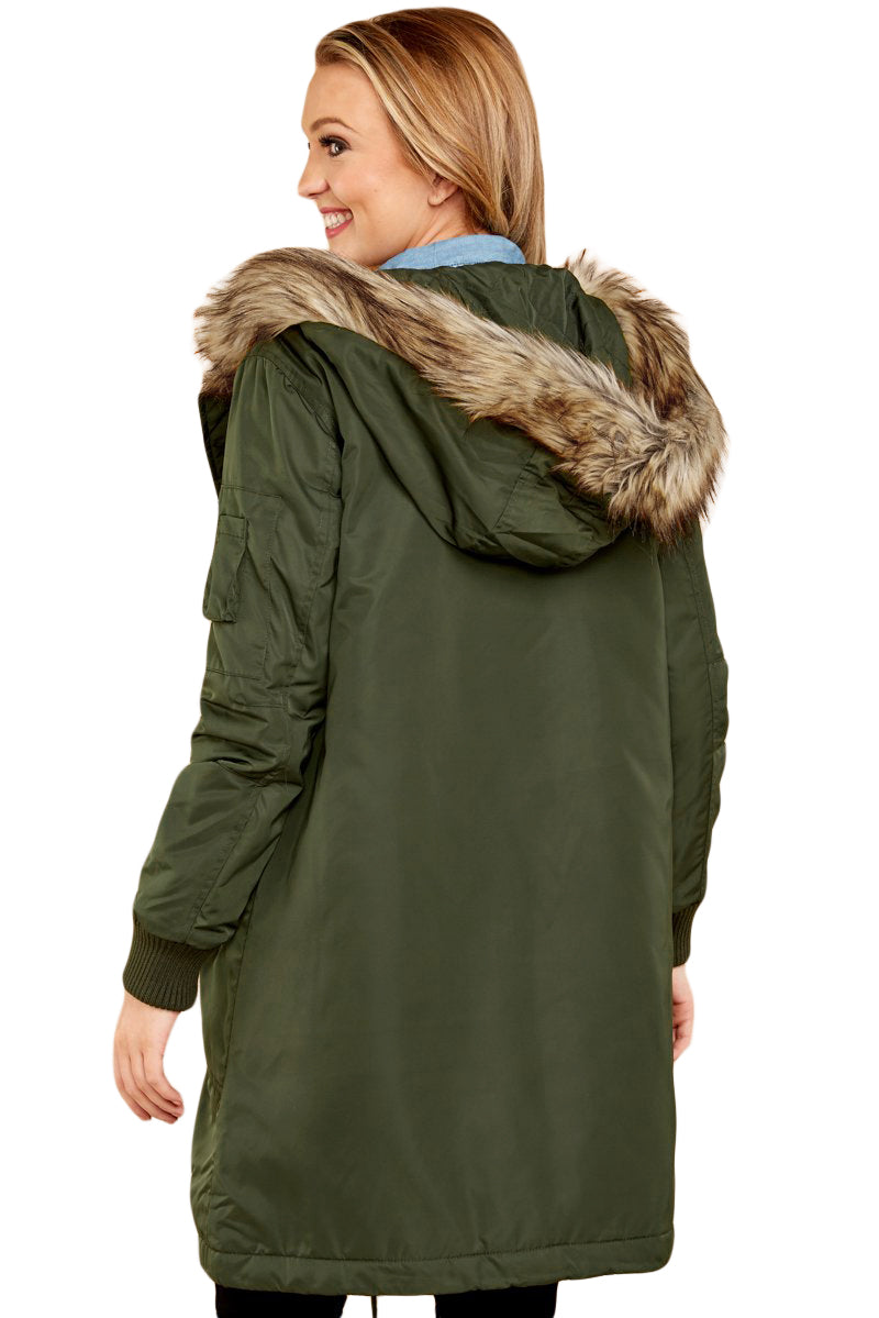 Fur Trim Hooded Longline Coat