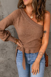 Brown Tie Knot One Shoulder Knitted Sweater