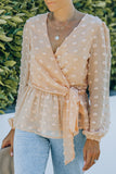 Surplice V Neck Swiss Dot Blouse with Ruffle