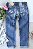 Sky Blue Flowers Printed Patch Ripped Boyfriend Denim Jeans