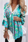 Tribal Print Lace Contrast V Neck Blouse