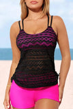 Color Block Lace Drawstring Tie Tankini Set