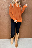 Waffle Knit Patchwork V Neck Long Sleeve Top