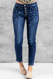 Pearl Beaded Button Fly Distressed Skinny Jeans