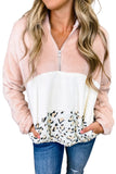 Leopard Color Block Pocket Fleece Quarter Zip Hoodie