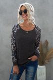 Leopard Patch Ribbed Loose Long Sleeve Blouse