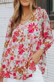 Floral Print Ruched V Neck Babydoll Blouse