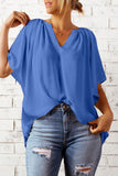 Blue Split Neck Pleated Loose Blouse