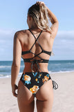 Halter Crisscross Hollow Out Ribbed Printed One-piece Swimwear