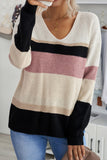 Khaki Colorblock V Neck Ribbed Knitted Sweater