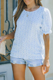 Sky Blue Floral Smocked Puff Sleeve Blouse