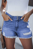 Distressed Raw Hem Buttons Denim Shorts with Pockets
