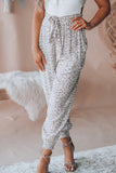 White Smocked Waist Leopard Print Casual Jogger Pants