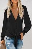 V Neck Lace Splicing Cuffs Button Knotted Blouse
