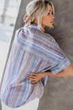 V Neck Stripes Roll up Sleeve Button Shirt