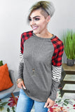 Buffalo Plaid & Stripe Splicing Long Sleeve Top