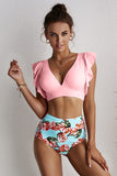 Floral Ruffled Hem High Waist Bikini Set
