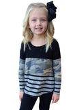 Camo Striped Color Block Girl's Crewneck Long Sleeve Top