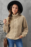 Khaki Solid Turtleneck Cable Knit Pullover Sweater