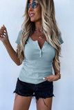 Scoop Neck Buttoned Front Ribbed Knit Short Sleeve Top