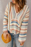 color Striped Knit Kangaroo Pocket Hooded Sweater