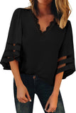 V Lace Neckline 3/4 Bell Mesh Sleeves Blouse