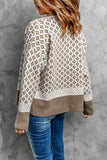 Brown Contrast Neckline Geometric Pattern Knitted Cardigan